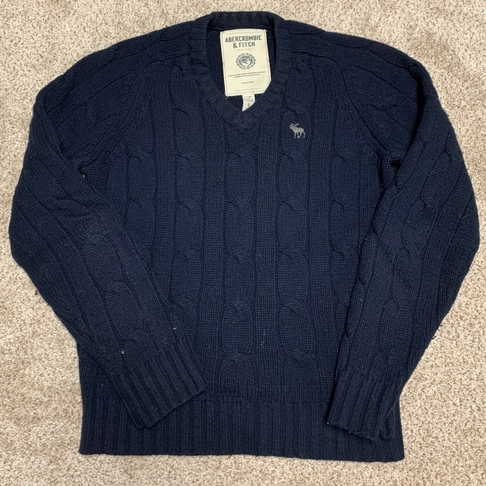 Navy Cable-Knit Abercrombie V Neck Sweater